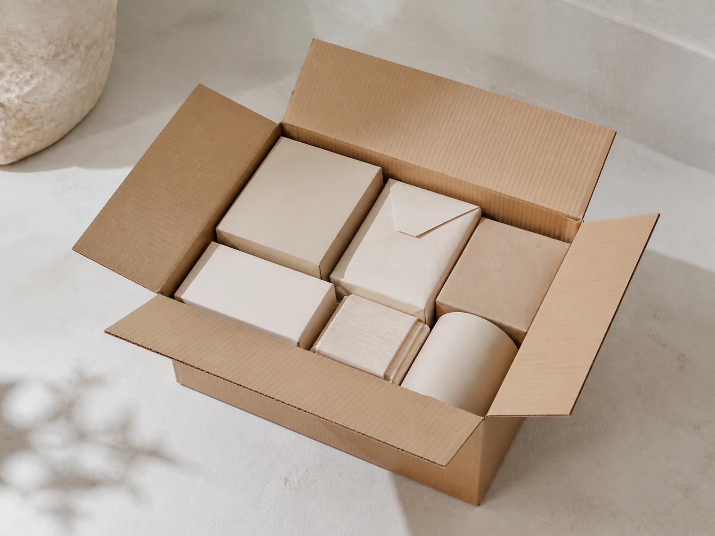 Kartong med prydligt packade produkter från en klassförsäljning